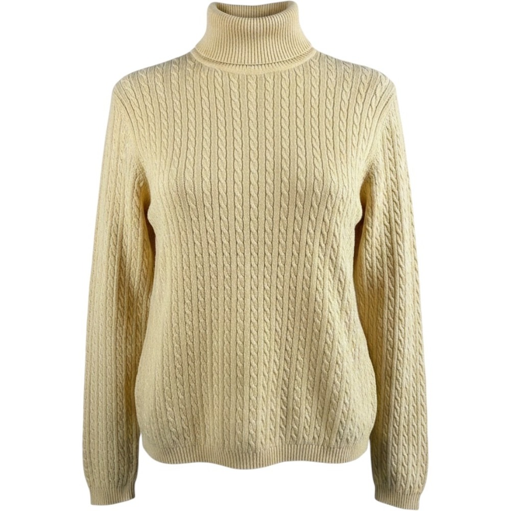 Vintage Preswick & Moore Cotton Cashmere Cable Knit Turtleneck Sweater L Yellow